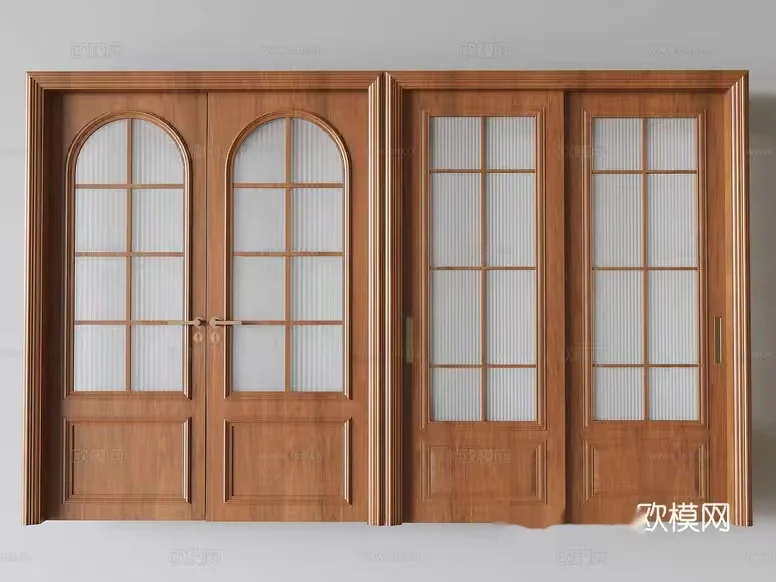 Three Wooden Doors With Glass Panels 3D Model – 7742 – VRAY Render