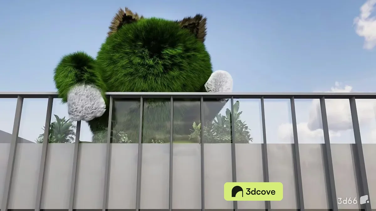 A 3D Rendering Of A Balcony With A Green Furry Creature Sitting On