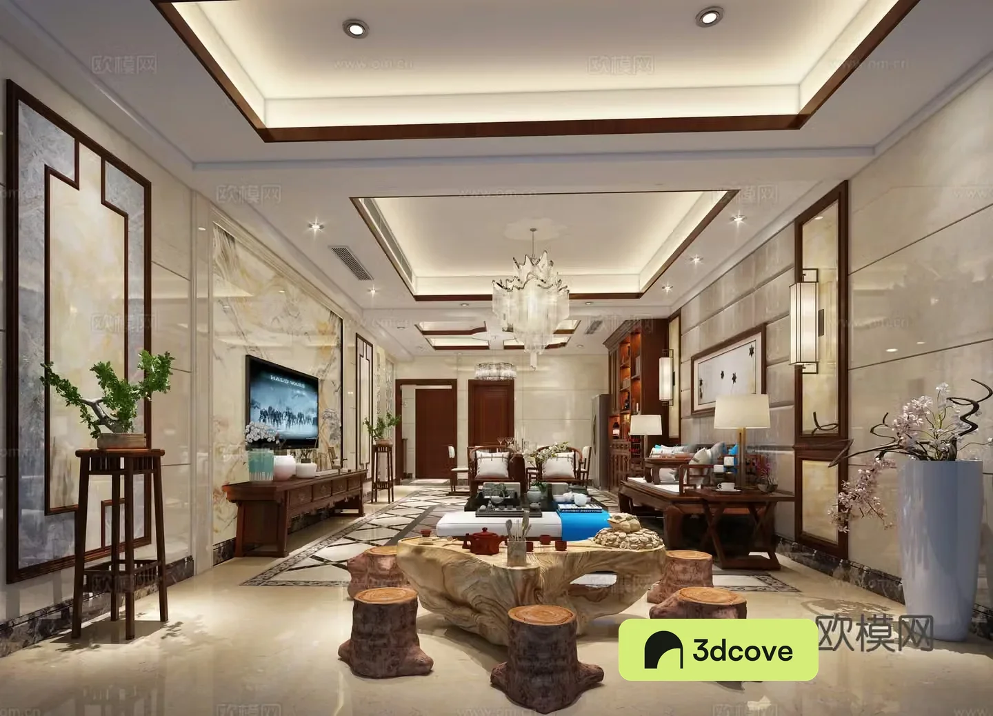 New Chinese style living and dining room sofa coffee table chandeliers TV cabinet painting side cabinet dining table chairs