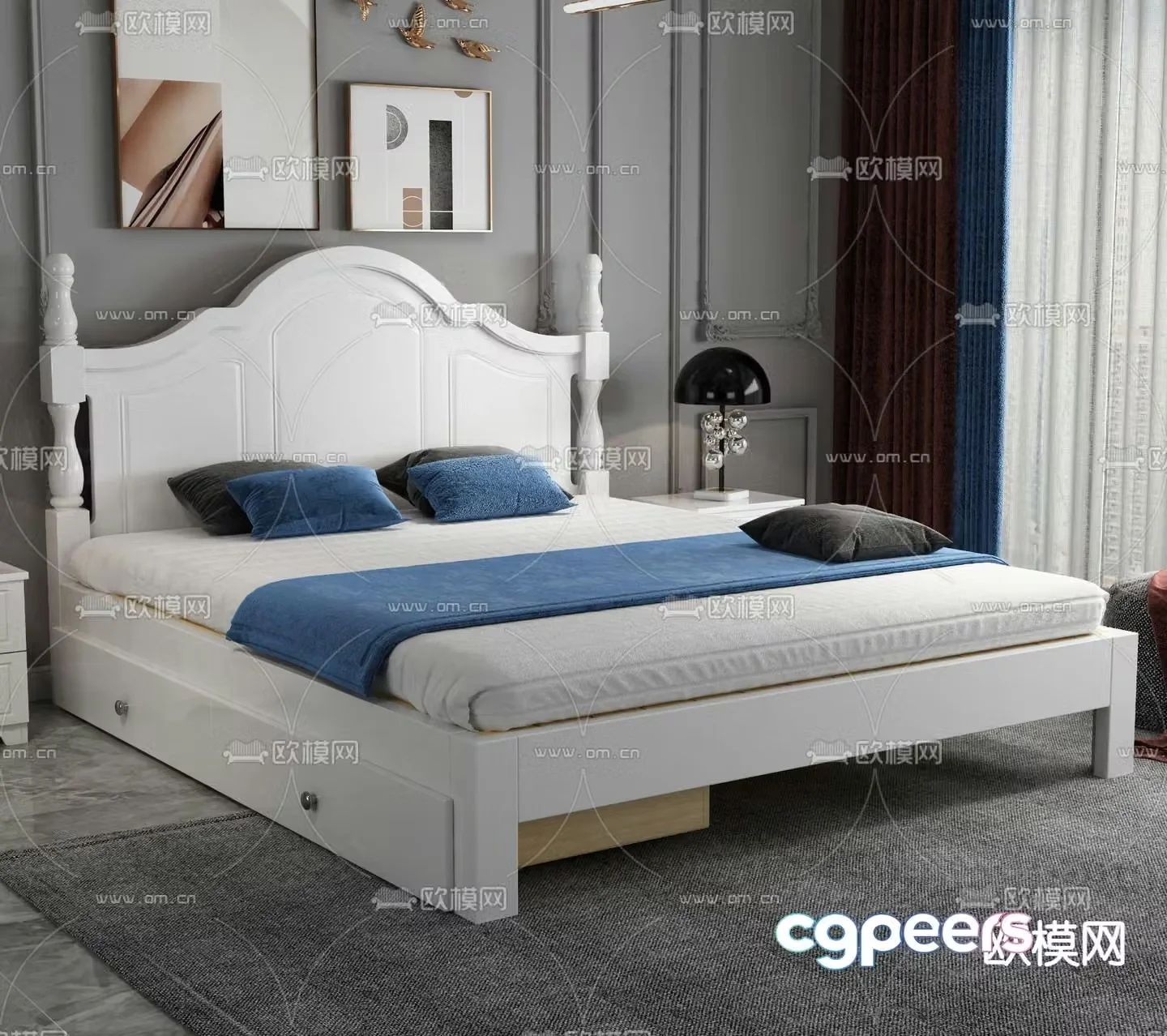 Simple European double bed 3d model