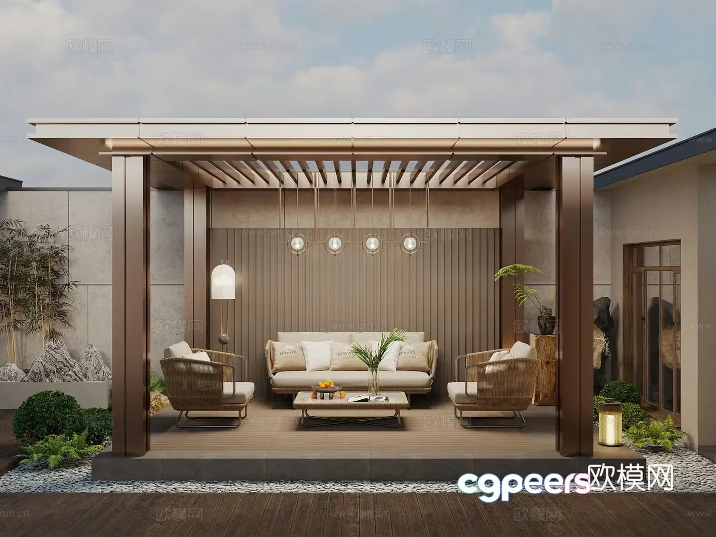 New Chinese style courtyard corridor frame pavilion pavilion outdoor sofa seat plant pile landscape plant 3d model