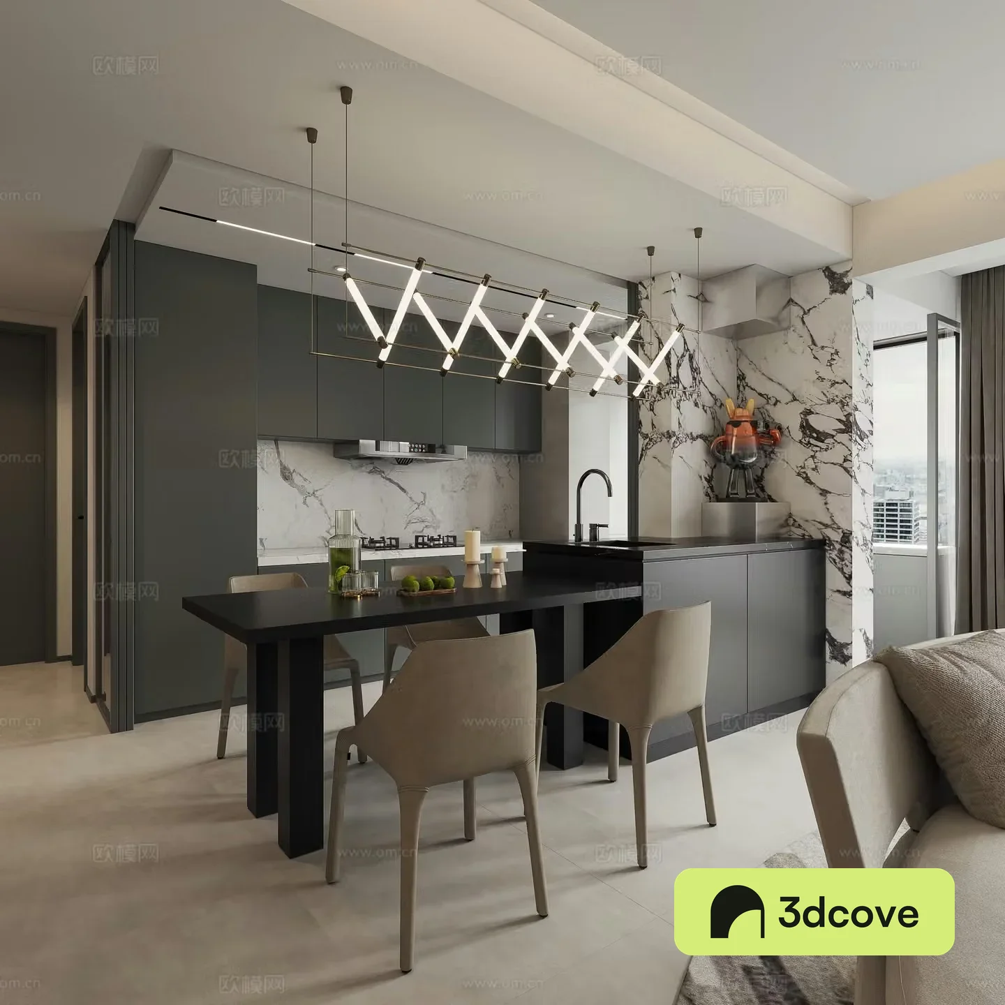 Modern minimalist Italian living and dining open kitchen square table walnut color living room metal entrance gyro chair