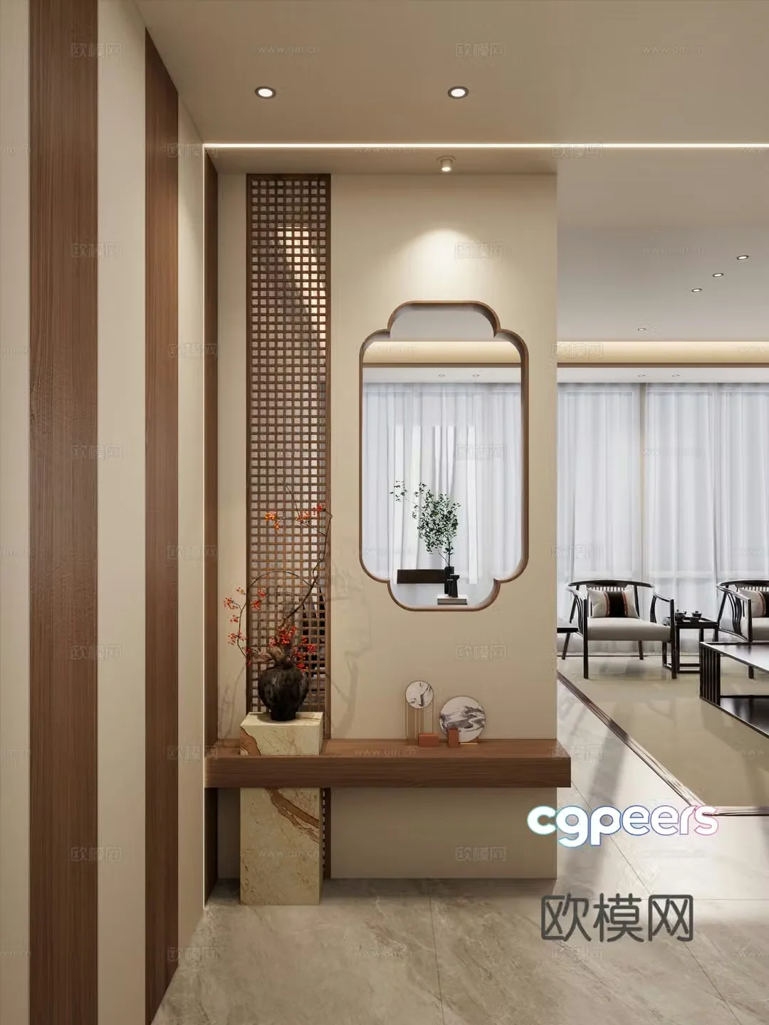 Song style Zen solid wood partition linear lamp end view partition vase 3d model