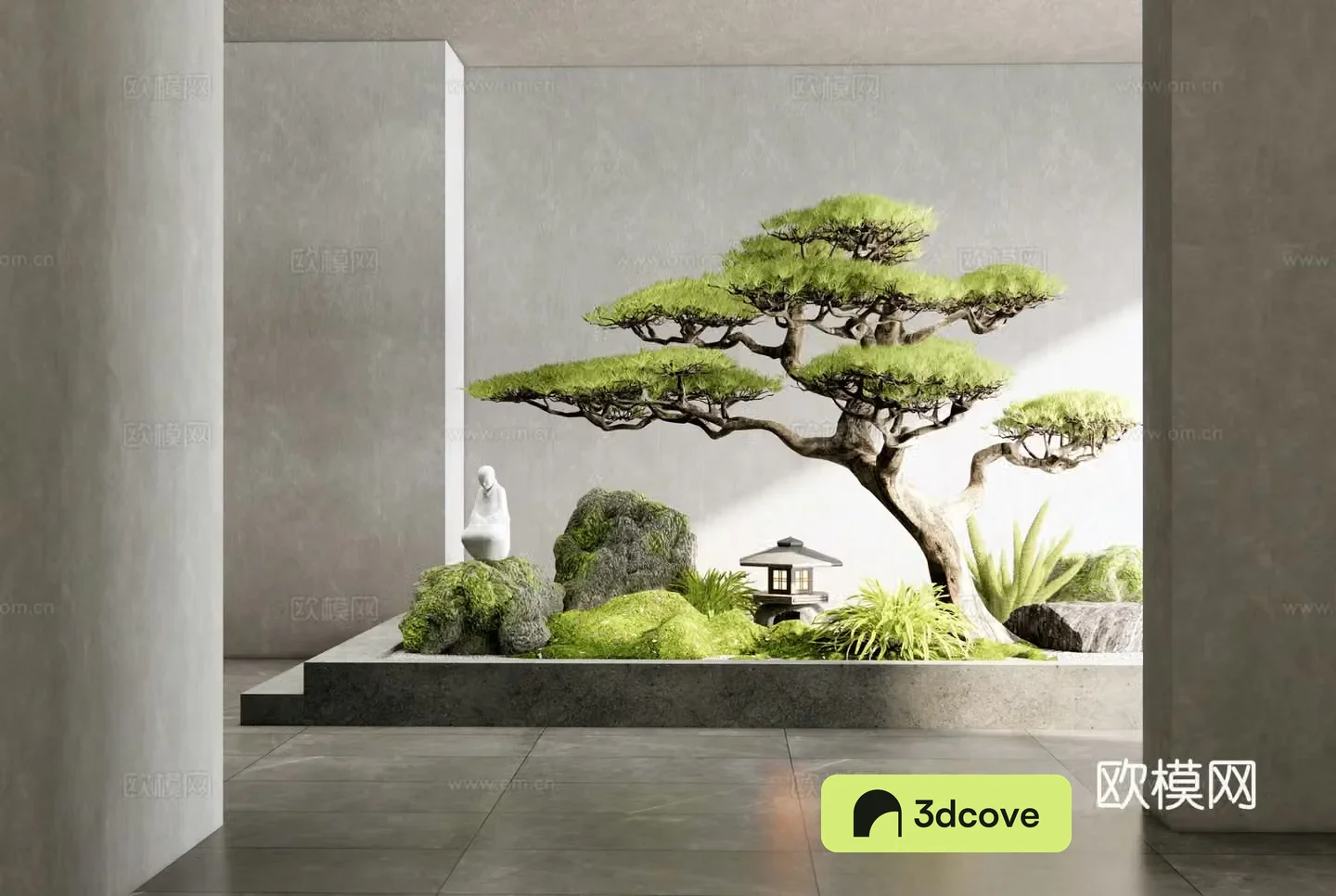 New Chinese style interior landscape garden sketch moss stone welcoming pine plant landscaping