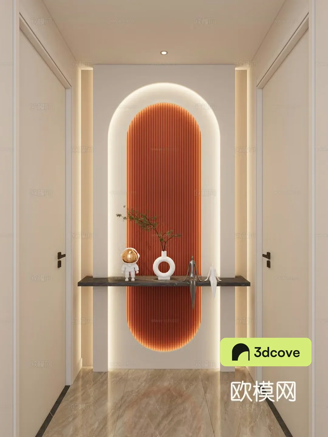 Cream Simple Style Arc Lighting Grille Corridor End View Entrance