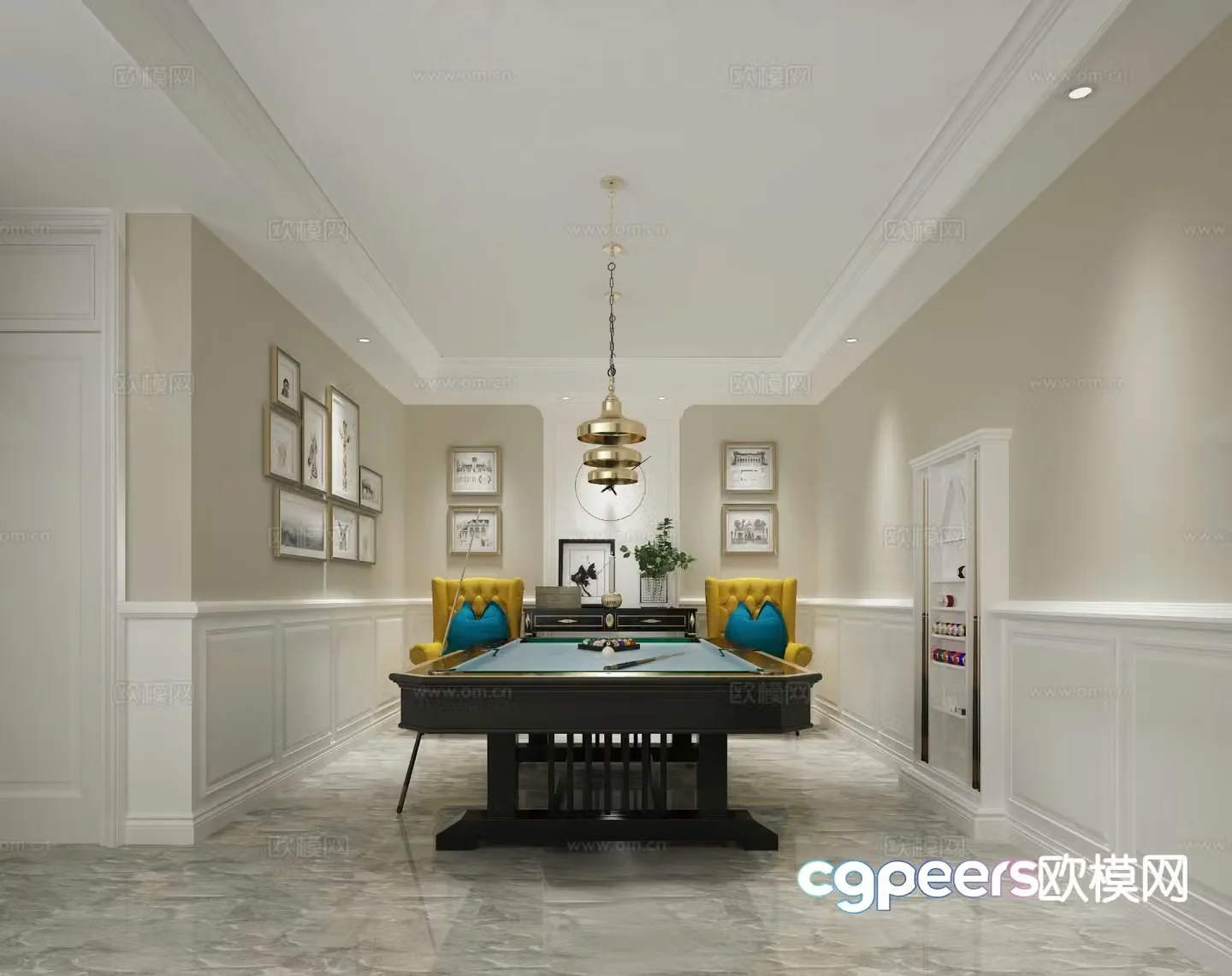 European style villa seating area billiard room 3D model