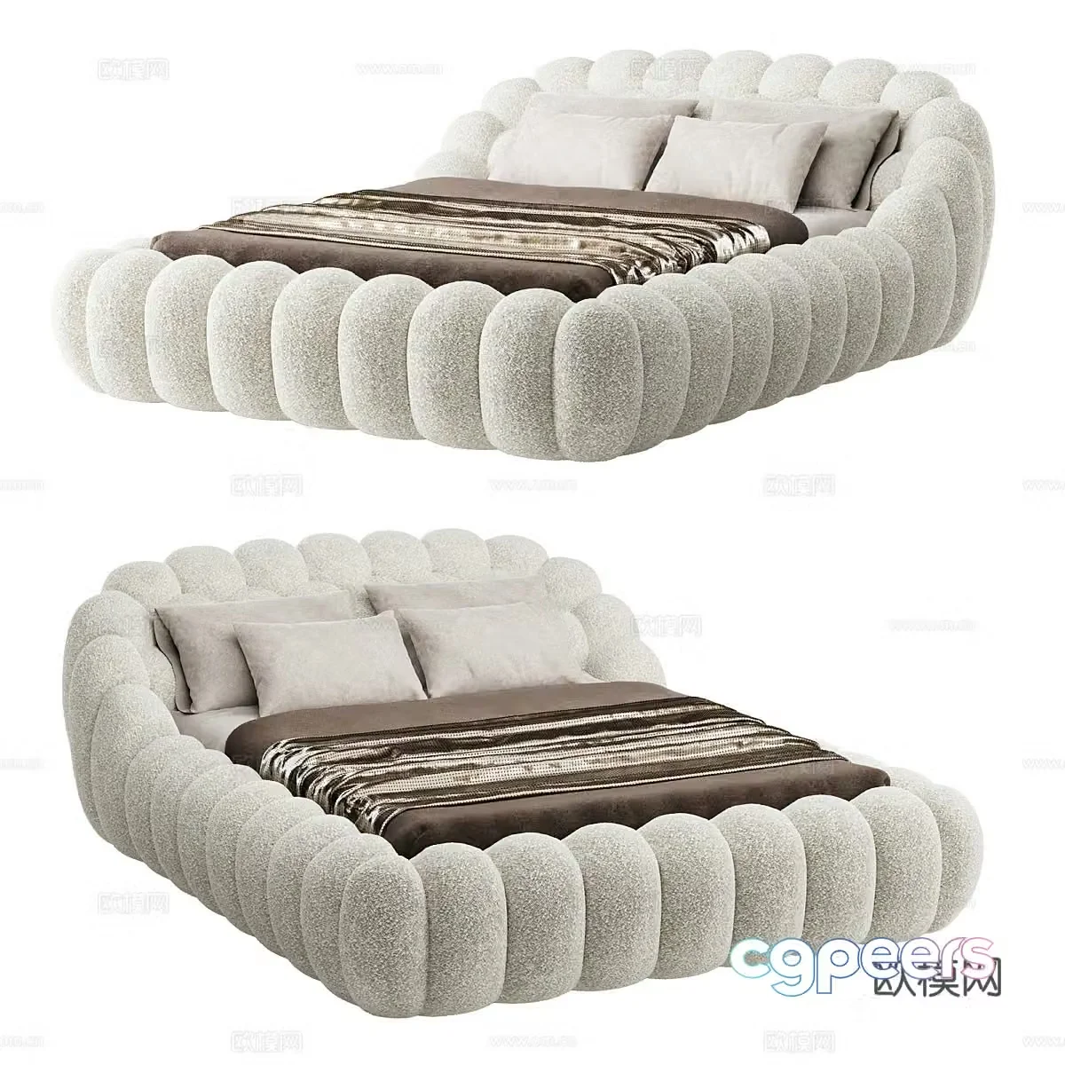 Modern Italian cream style fabric double bed 3d model