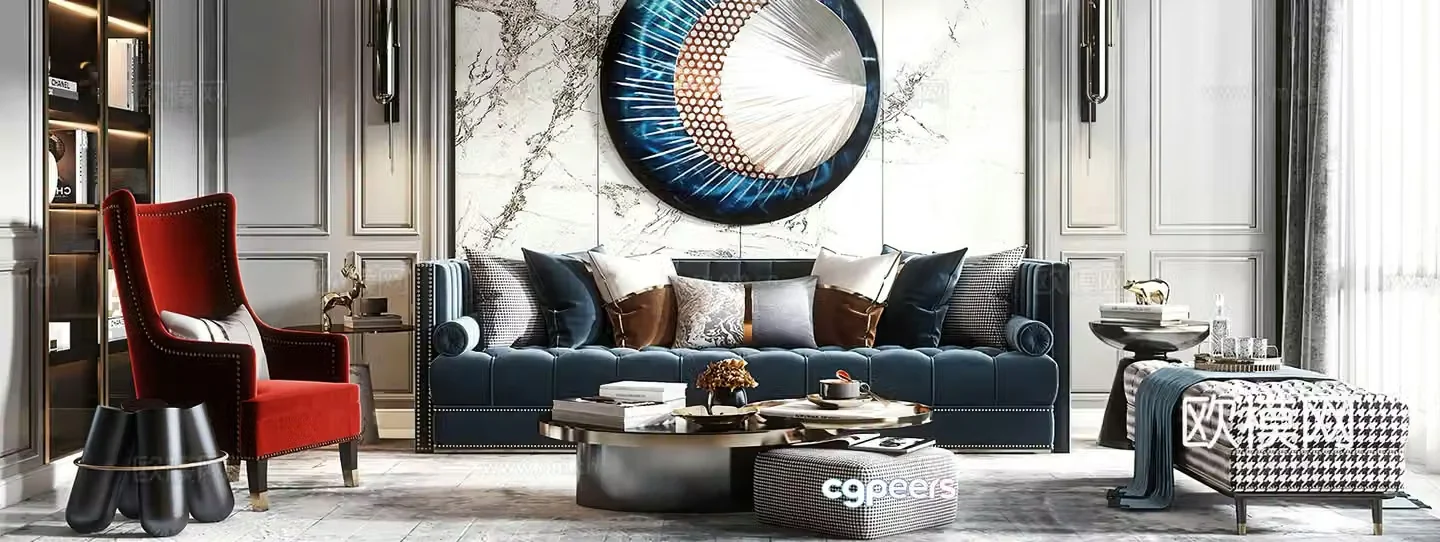 American living room combination sofa leisure chair modern living room light luxury living room side table corner table 3D model
