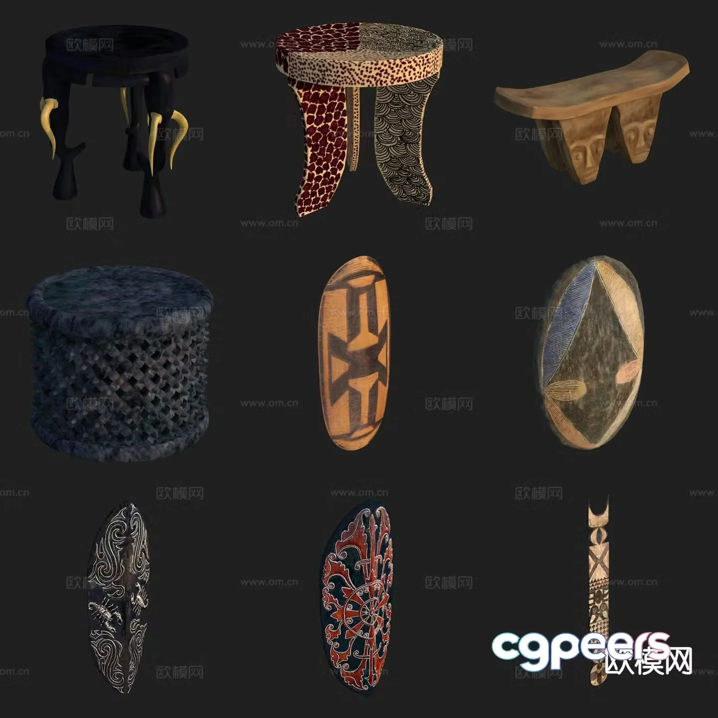 Crafts art ornaments ceramic plates wooden stools 3D model