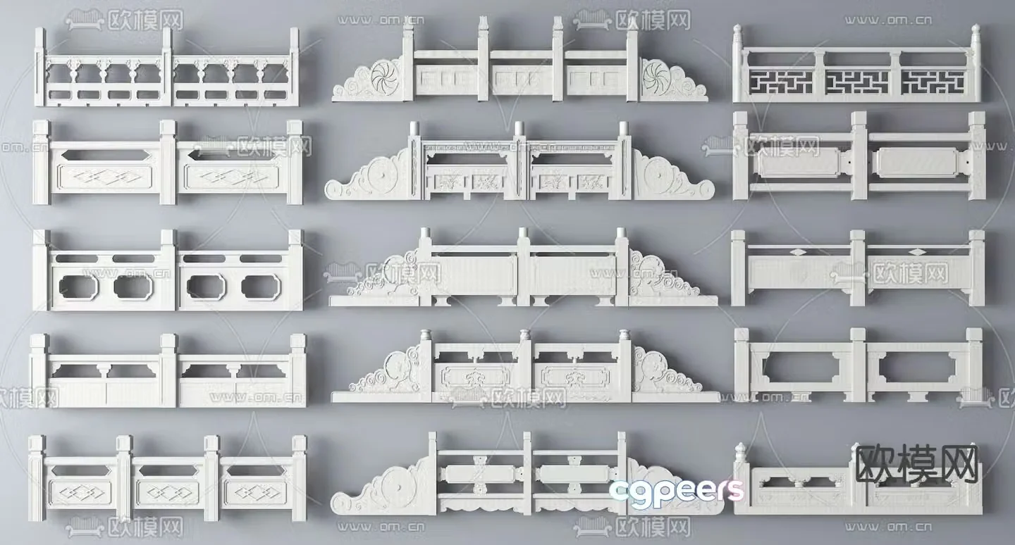 Chinese railings white marble guardrails fences 3d model