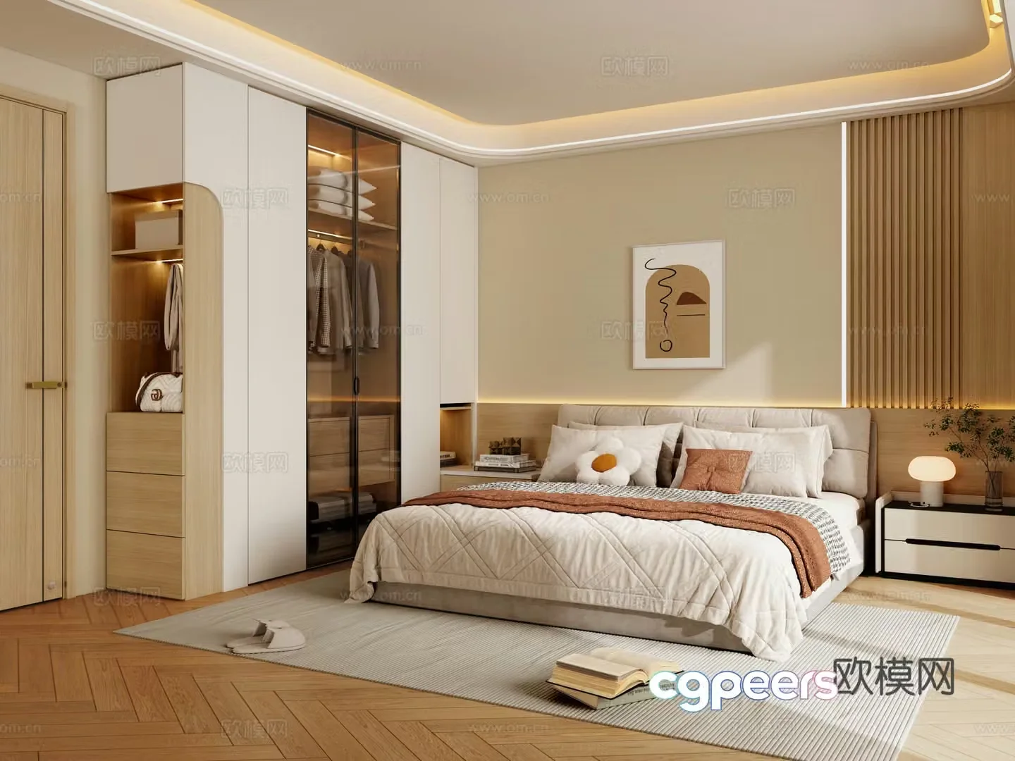 Modern log style bedroom double bed bedroom door glass door wardrobe 3d model