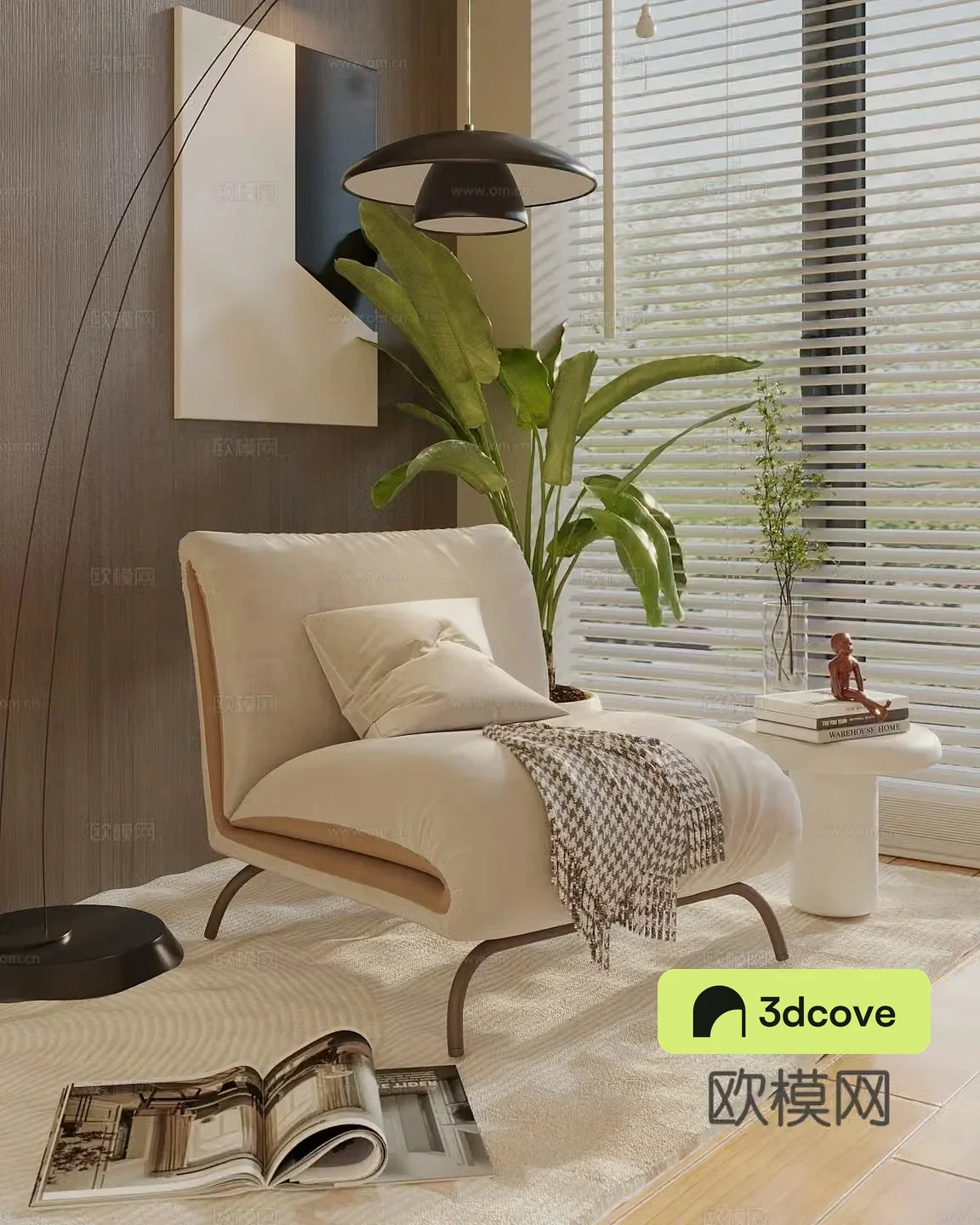 Modern cream style leisure chair lazy sofa side table green plants hanging painting floor lamp