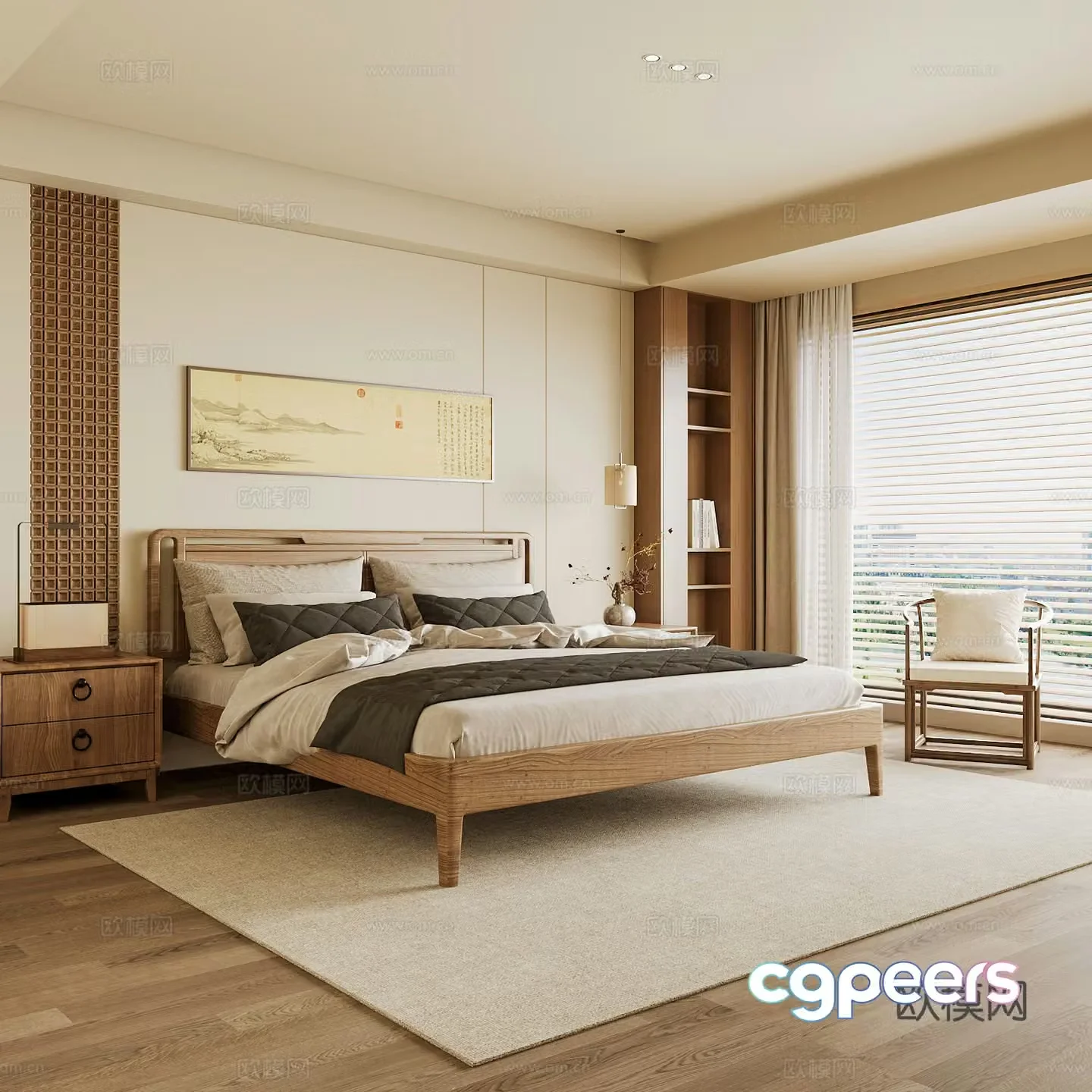 New Chinese style home bedroom Song family aesthetic bedroom Song style bedroom New Chinese style double bed New Chinese 3D model