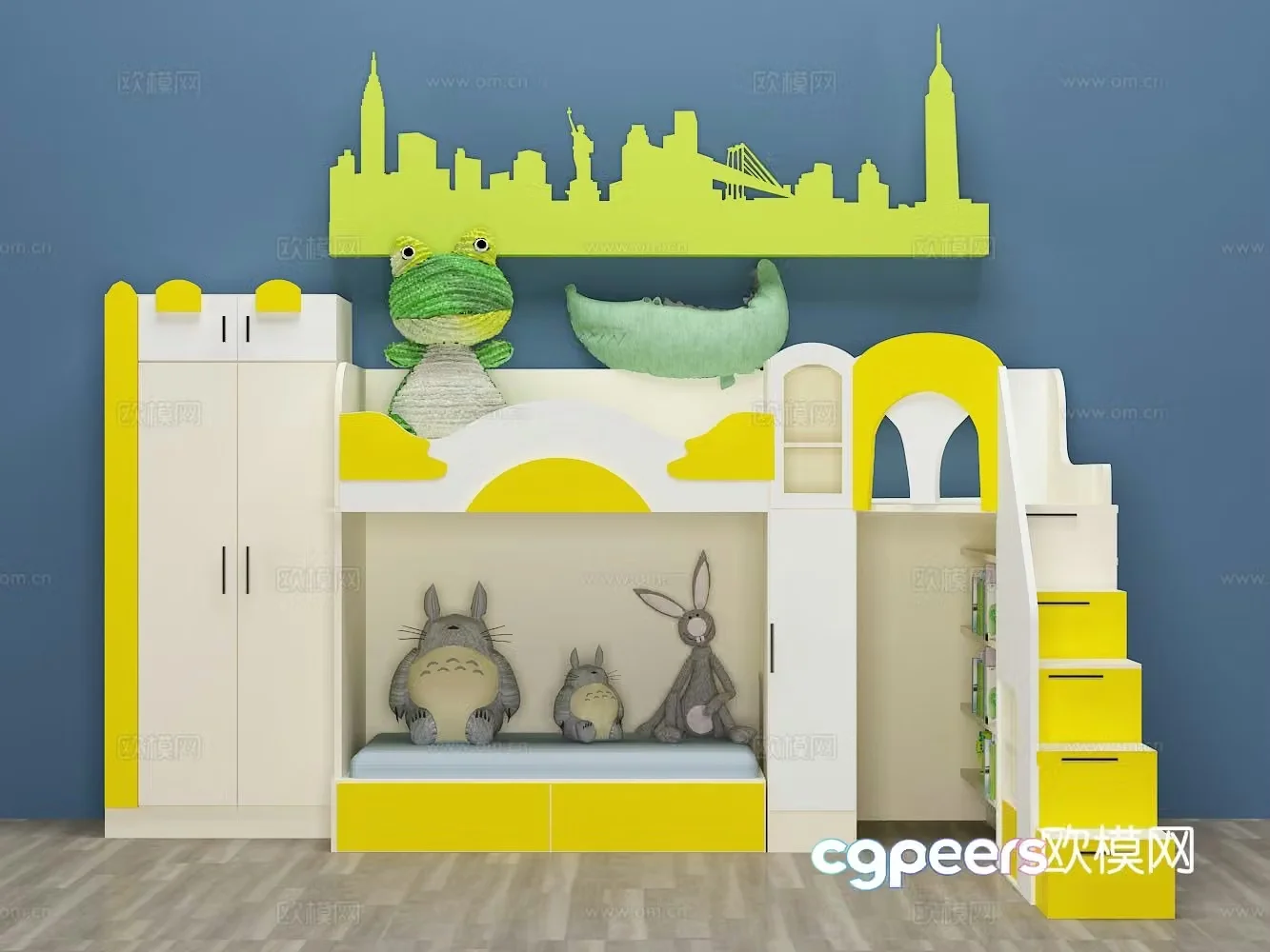 Modern children’s bed bunk bed children’s wardrobe 3D model