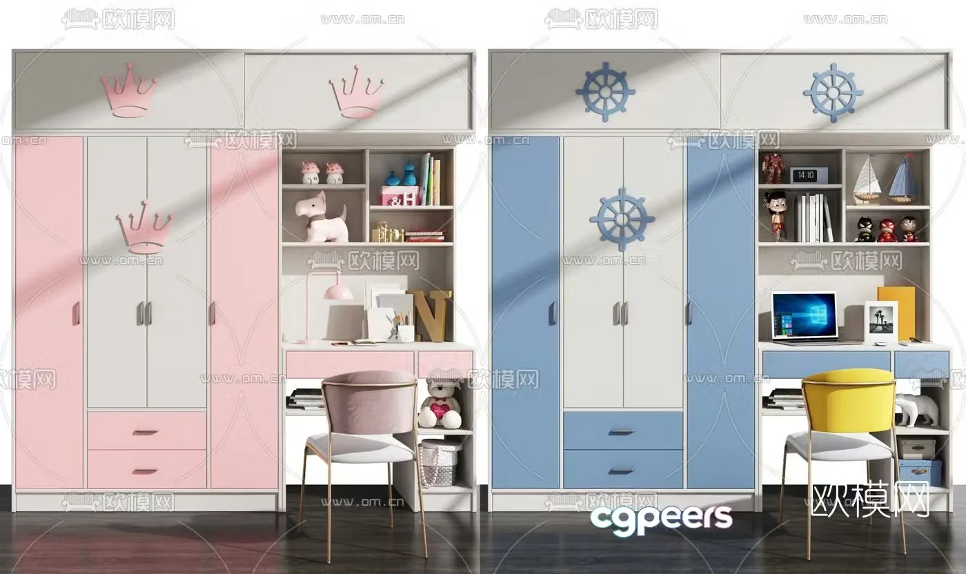 Modern all-in-one children’s wardrobe bookcase table and chair 3d model