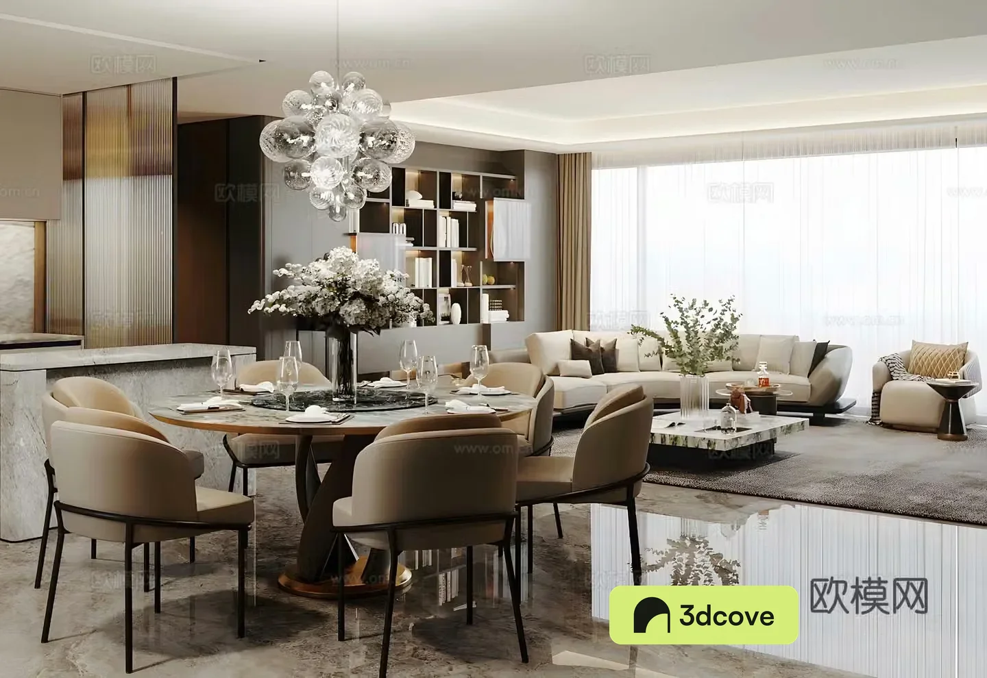 Light luxury Italian large flat floor living room horizontal living room round table restaurant high-end gray living room