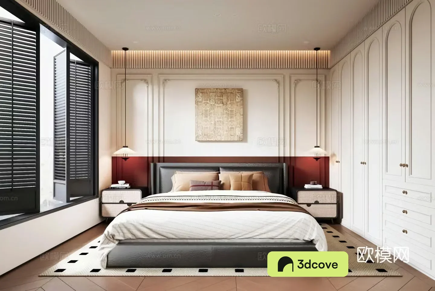 French modern medieval bedroom background wall French wardrobe double bed nightstand leather bed