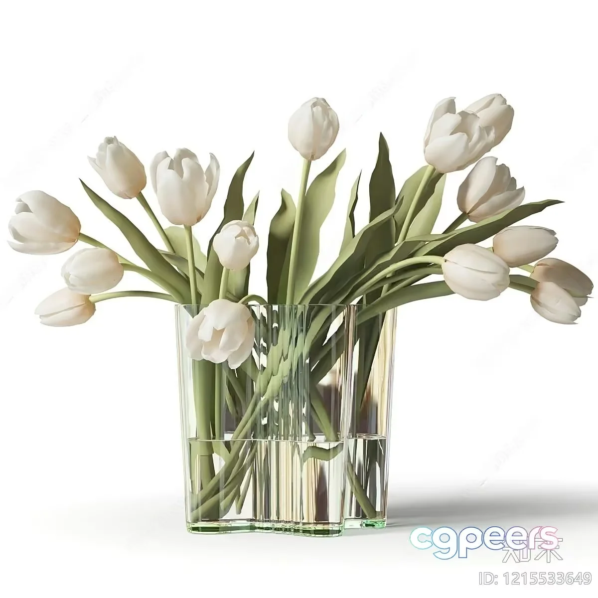 A Glass Vase With White Tulips 3D Model – 11356 – VRAY Render