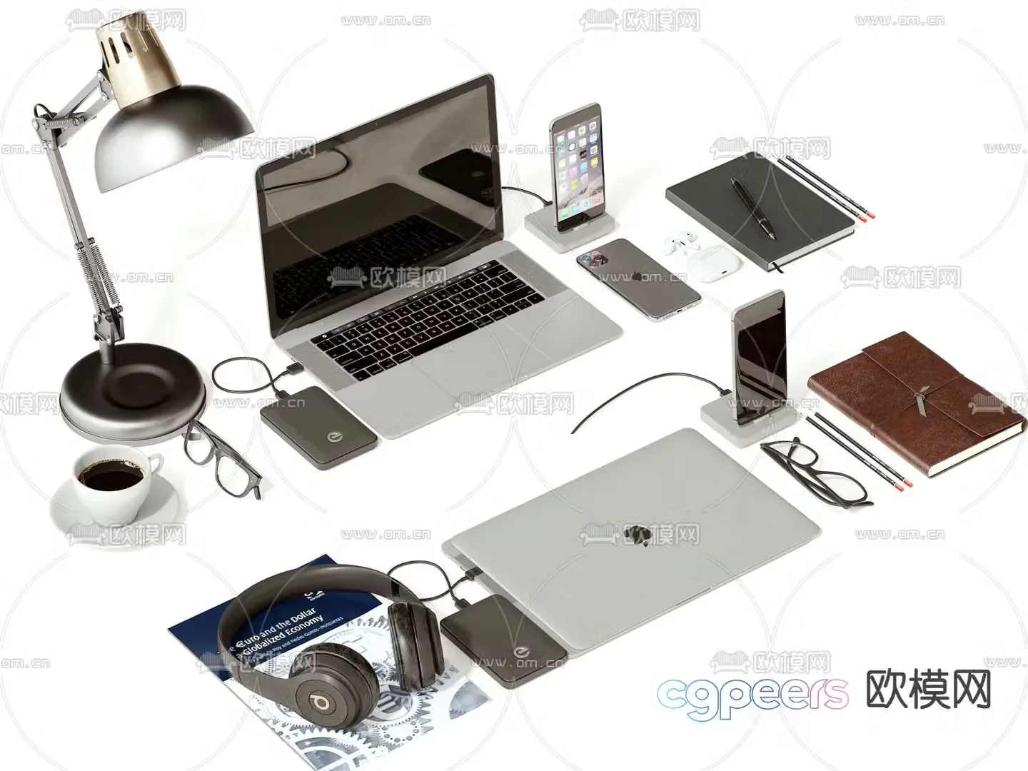 office supplies computer headphones notebook 3d model