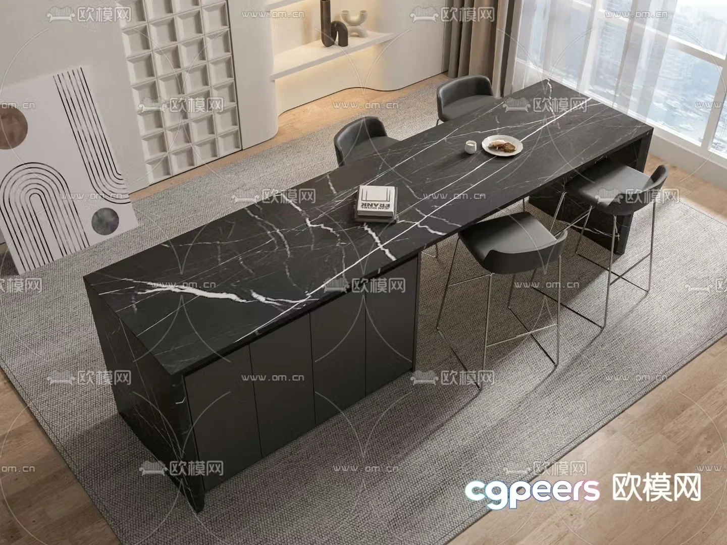 Island table marble dining table and chairs 3d model