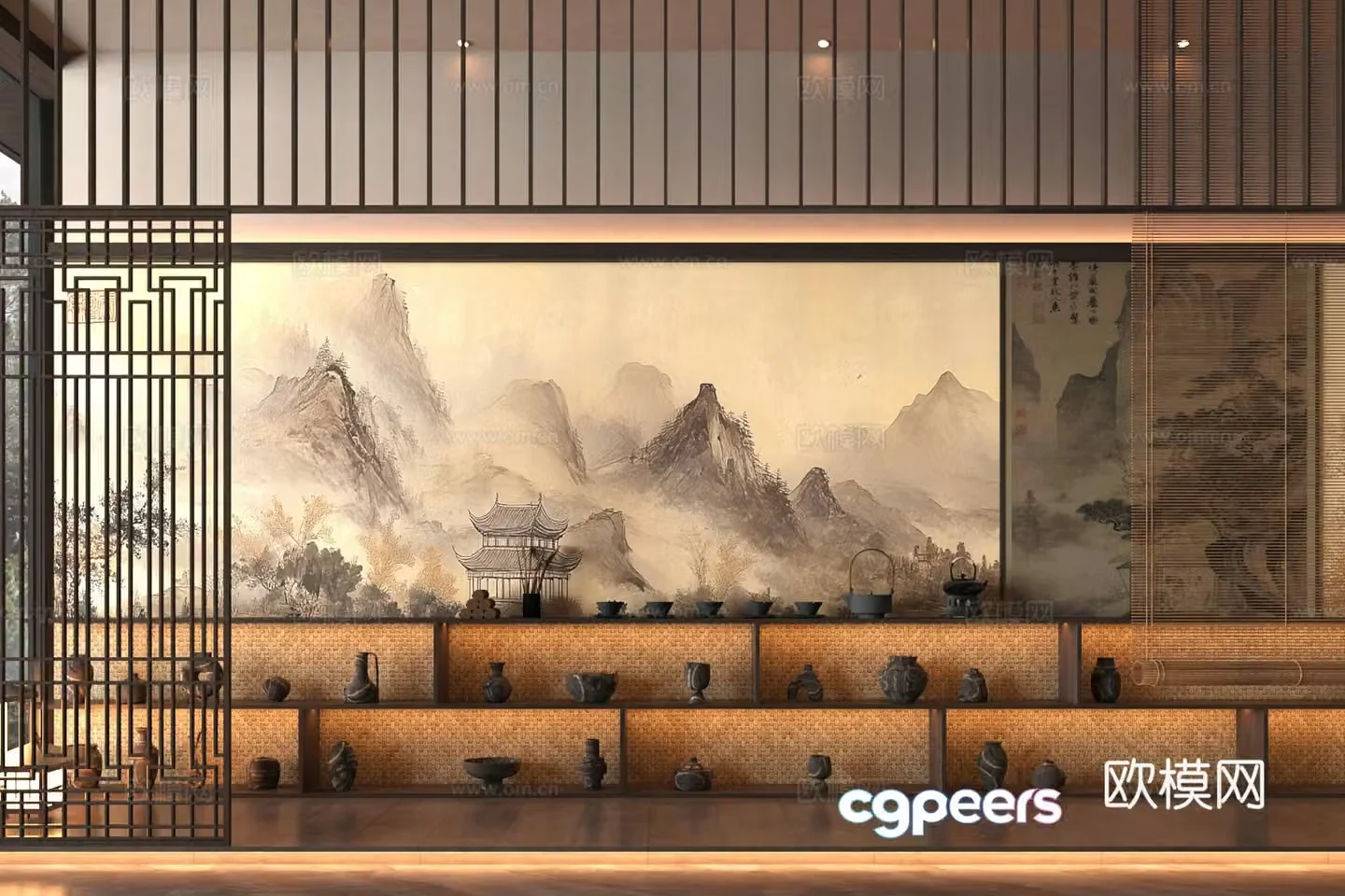 New Chinese-style Zen tea cabinet Song-style tea room cabinet Tea room background wall Whole row of tea cabinet Landscape painting 3D model