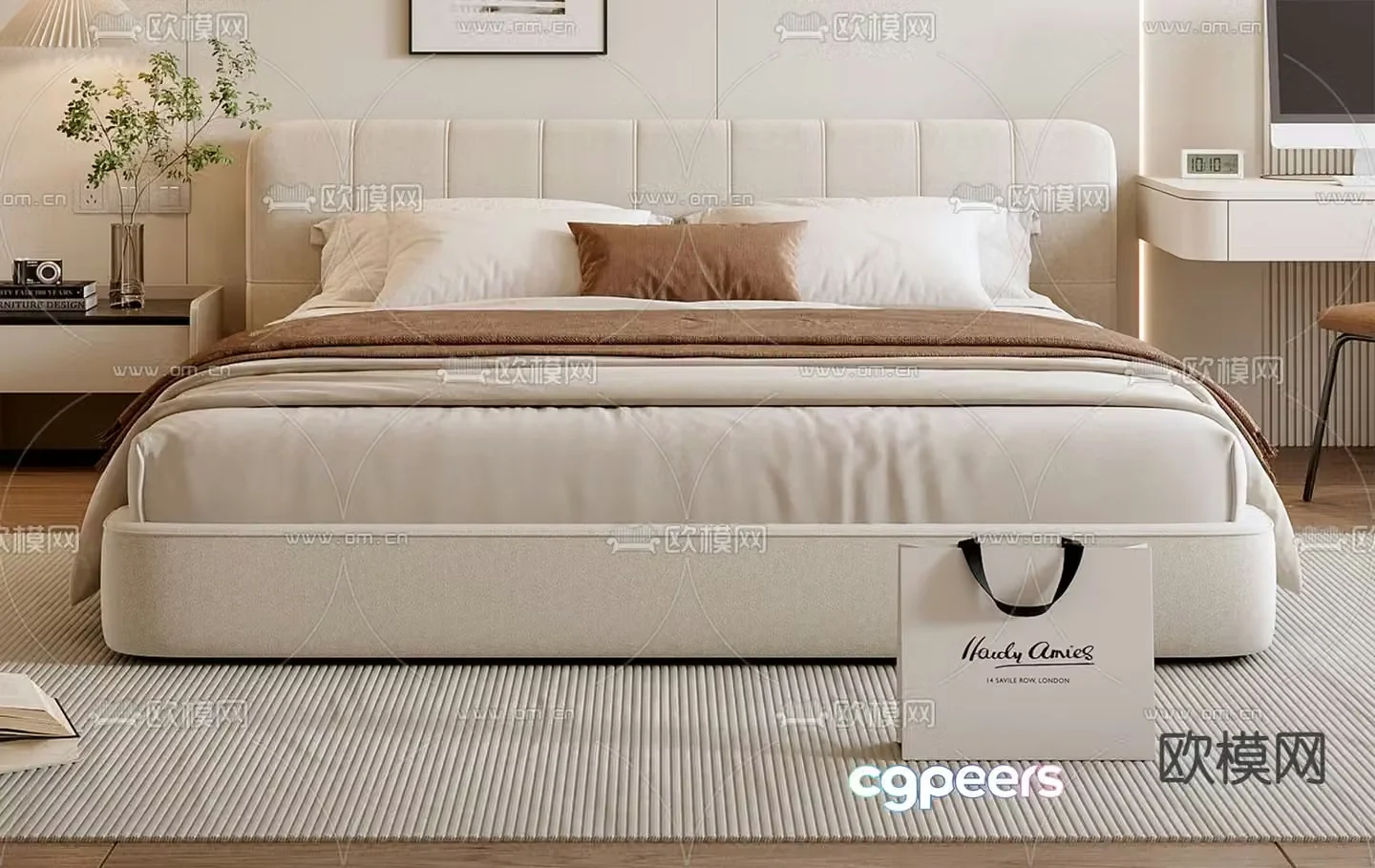 Cream style double bed 3d model