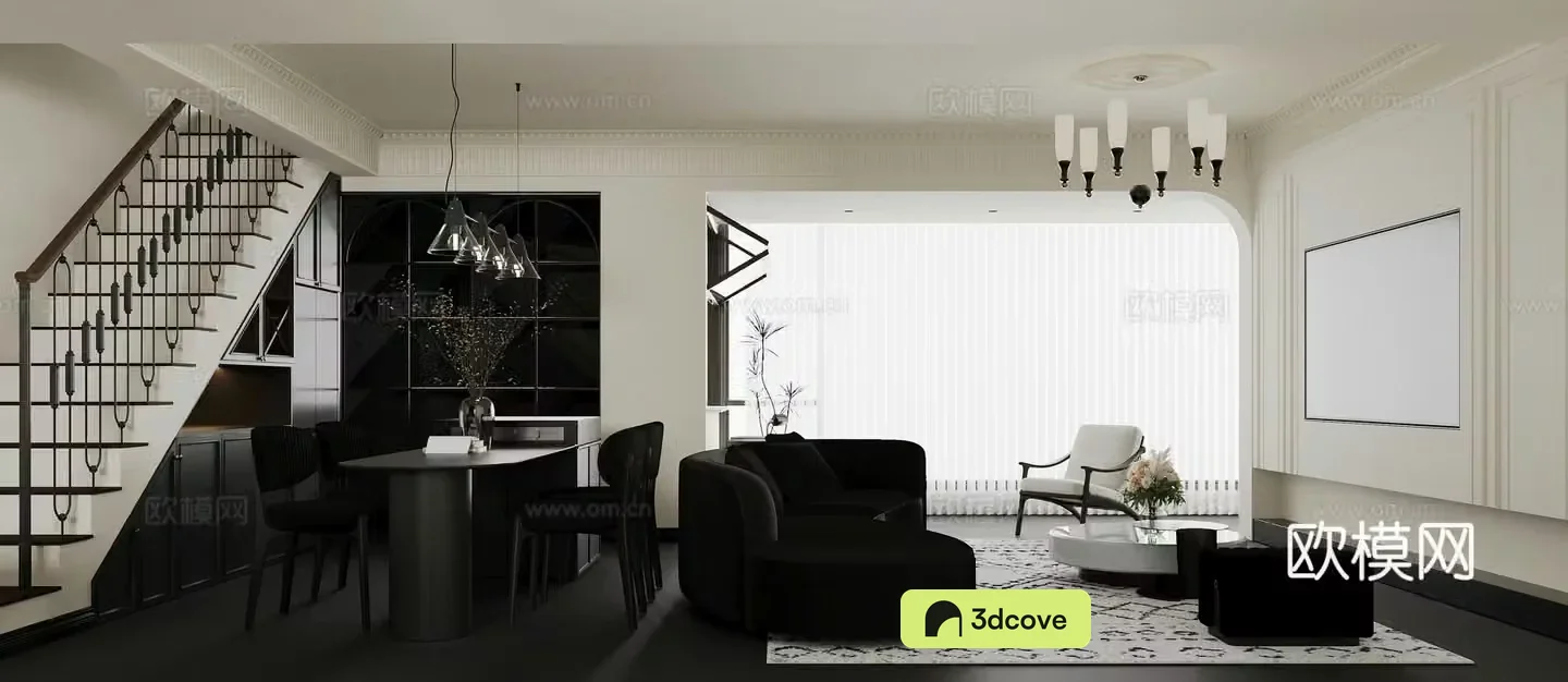 Black white and gray French villa living room dining room