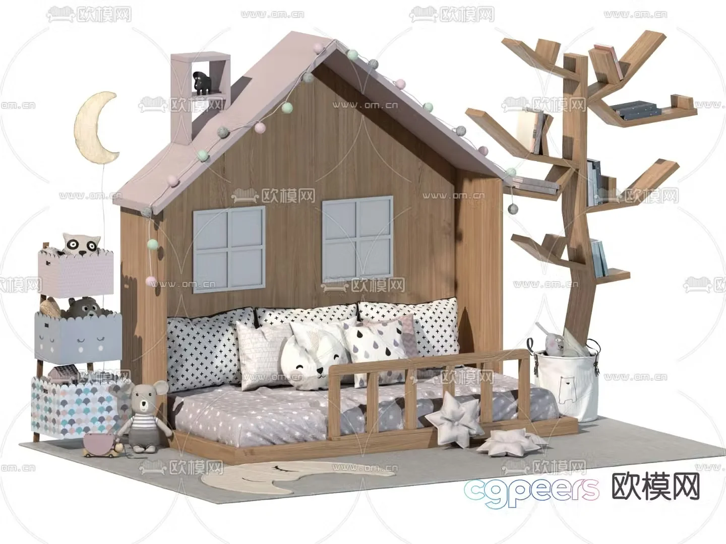 Modern cartoon wooden house children’s bed 3d model