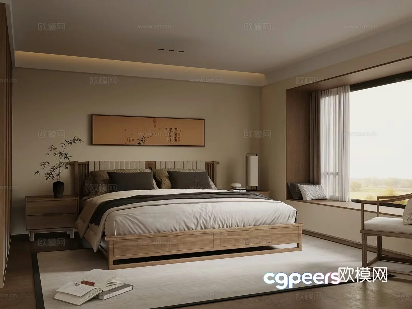 New Chinese style bedroom wardrobe double bed 3d model