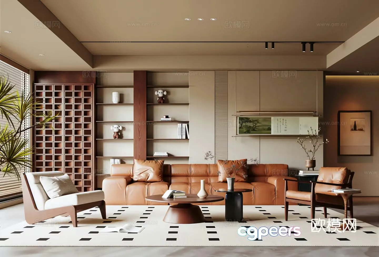 Modern medieval style living room sofa background wall sofa coffee table combination decorative painting 3D model
