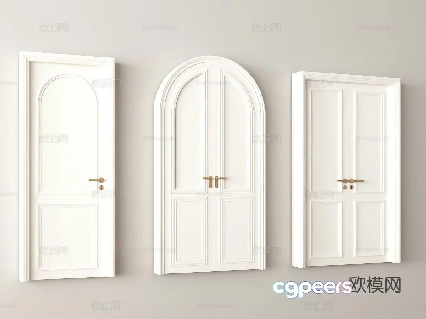 French arch design white painted door brass handle decoration interior door 3d model