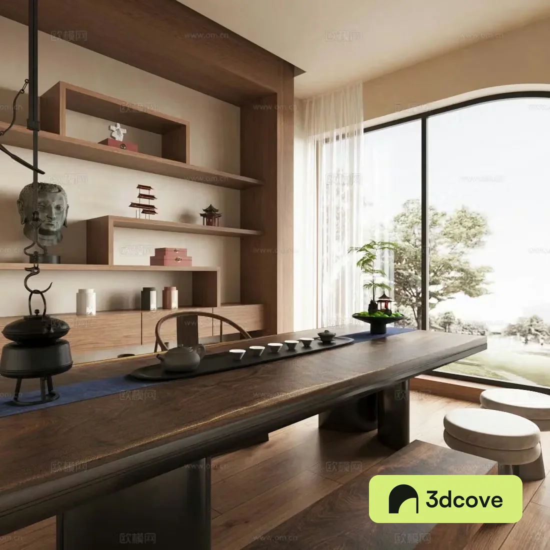 Middle-aged tea room tea tasting area Japanese tea room balcony tea room solid wood tea table and chair tea cabinet 3D model