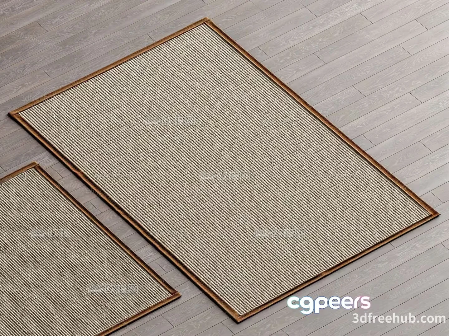 Two Beige Rugs With Brown Borders On A Grey Wooden Floor 3D Model – 23490 – VRAY Render