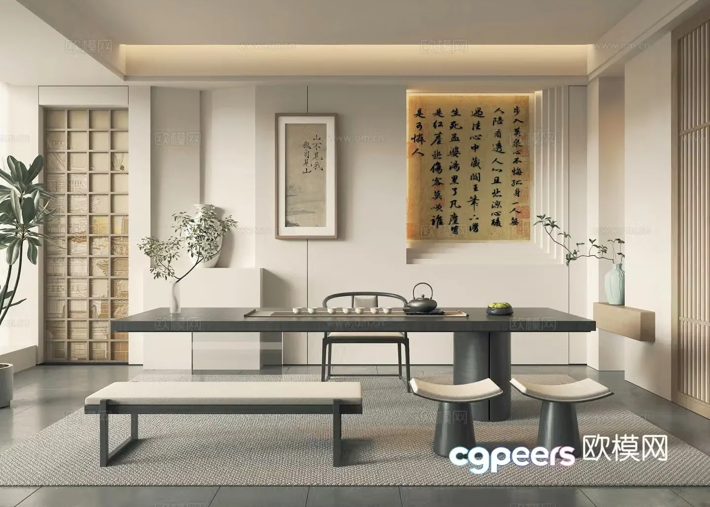New Chinese-style tea room hanging paintings tea tables and chairs decorative ornaments 3D model