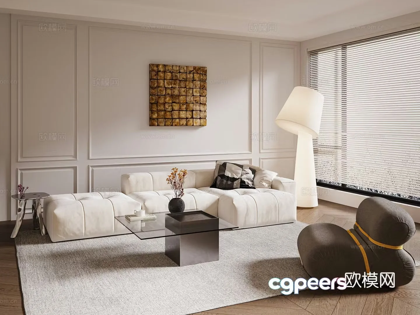 Simple European style living room fabric sofa combination cream style living room floor lamp 3d model