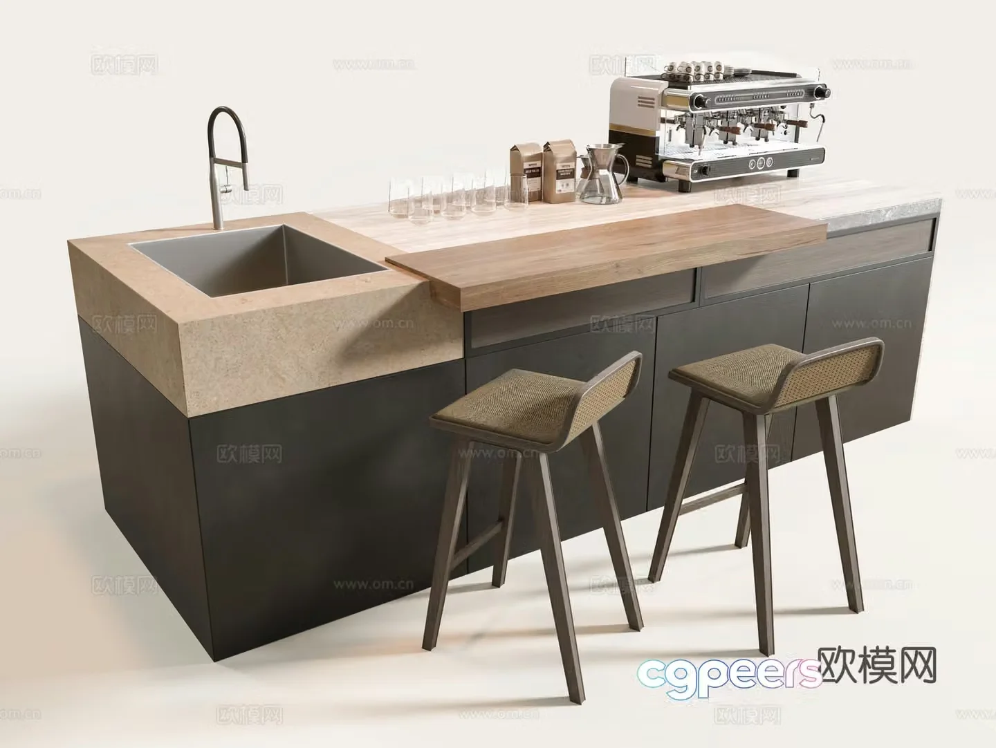 Wabi-sabi island bar counter 3d model