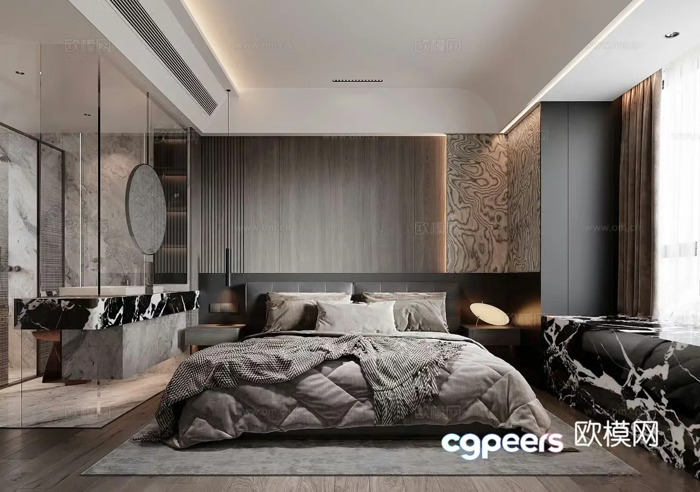 Modern Italian home bedroom oblique ceiling master bedroom bathroom double bed bedside table bay window 3d model