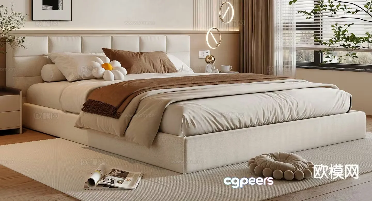 Cream style double bed 3d model