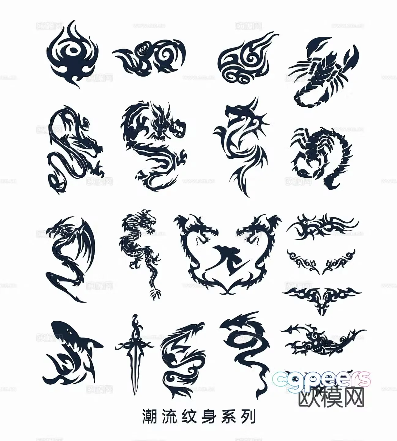 Trendy tattoo black and white wings dragon pattern bird tattoo totem pattern 3d model