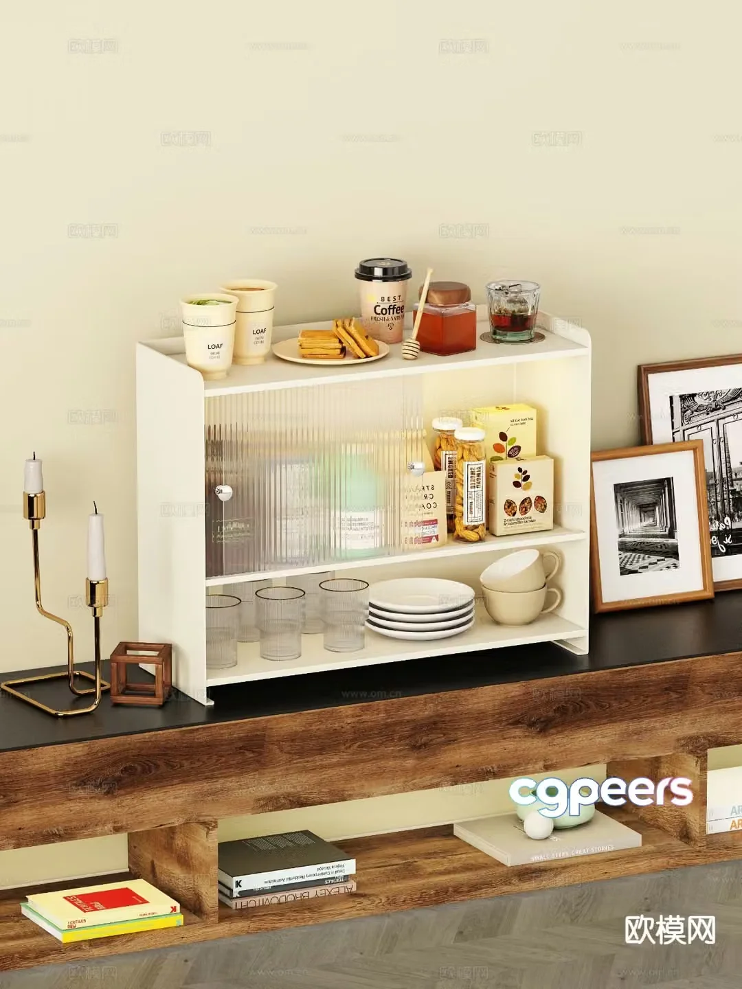 Cream style tea cabinet tea set cabinet storage cabinet 3d model