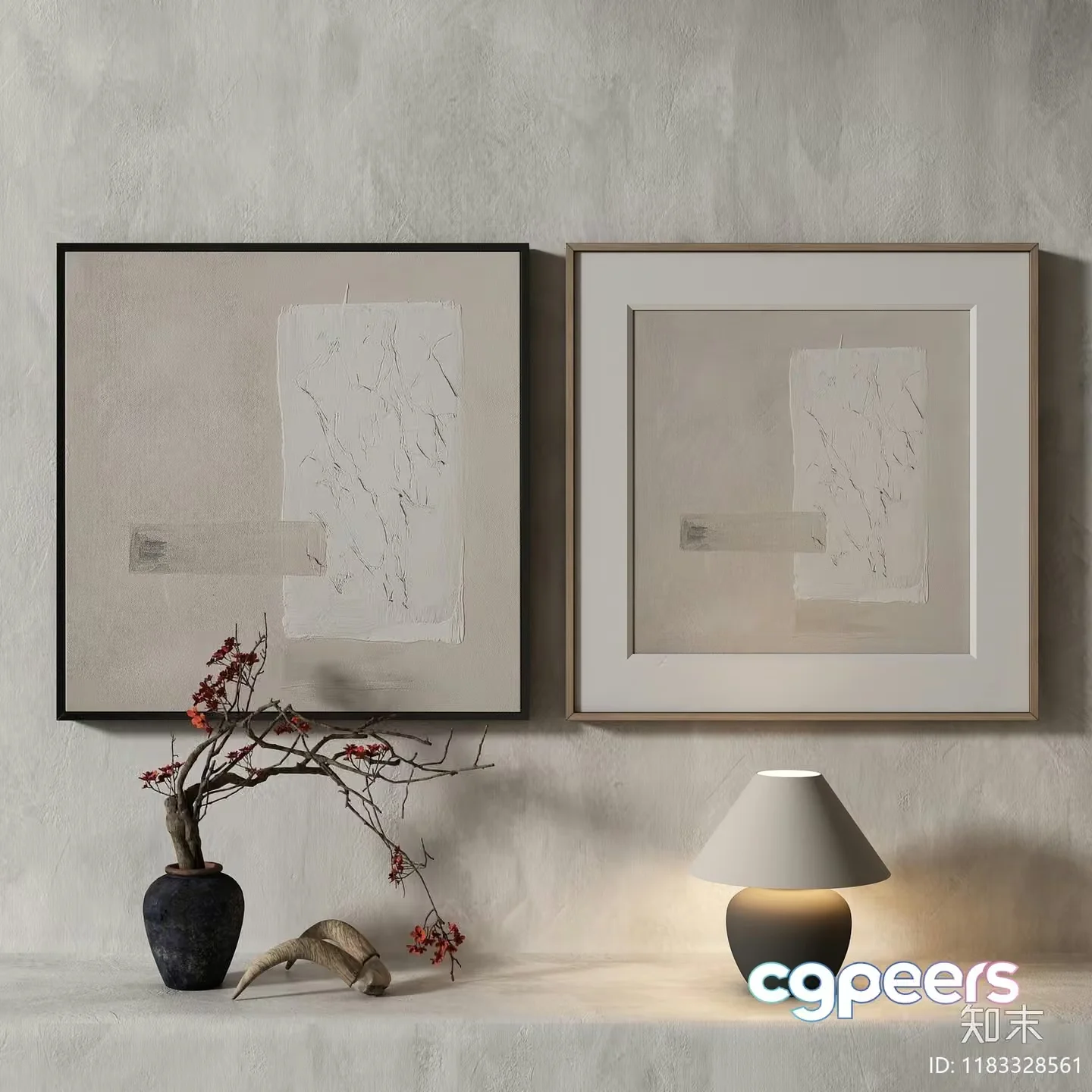 A Neutral-Toned Room With A Table Lamp And Framed Artwork 3D Model – 18623 – VRAY Render
