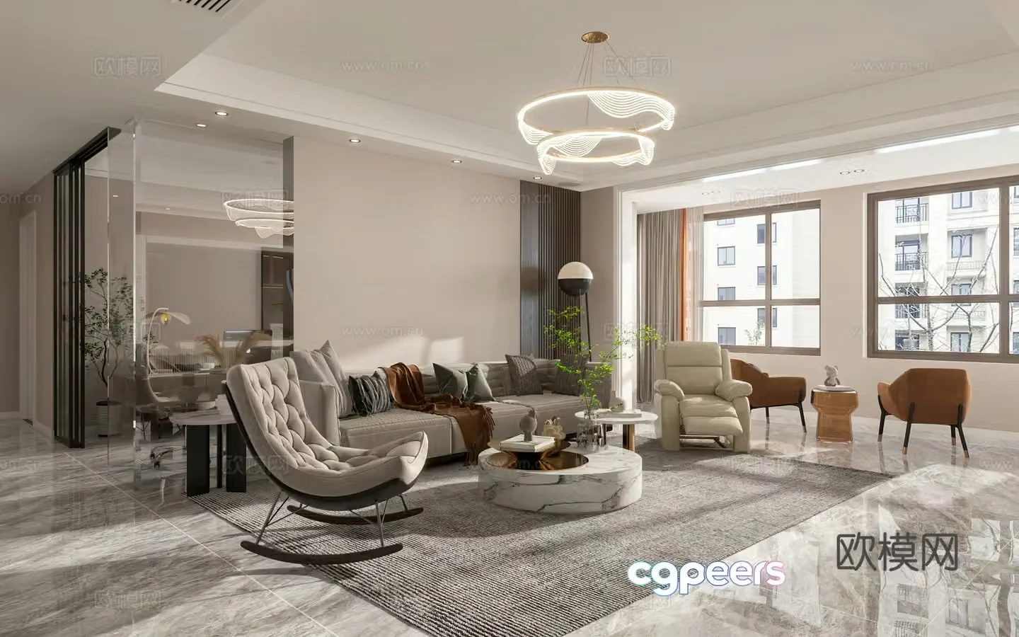 Modern living and dining room open kitchen study TV wall dry area 3d model