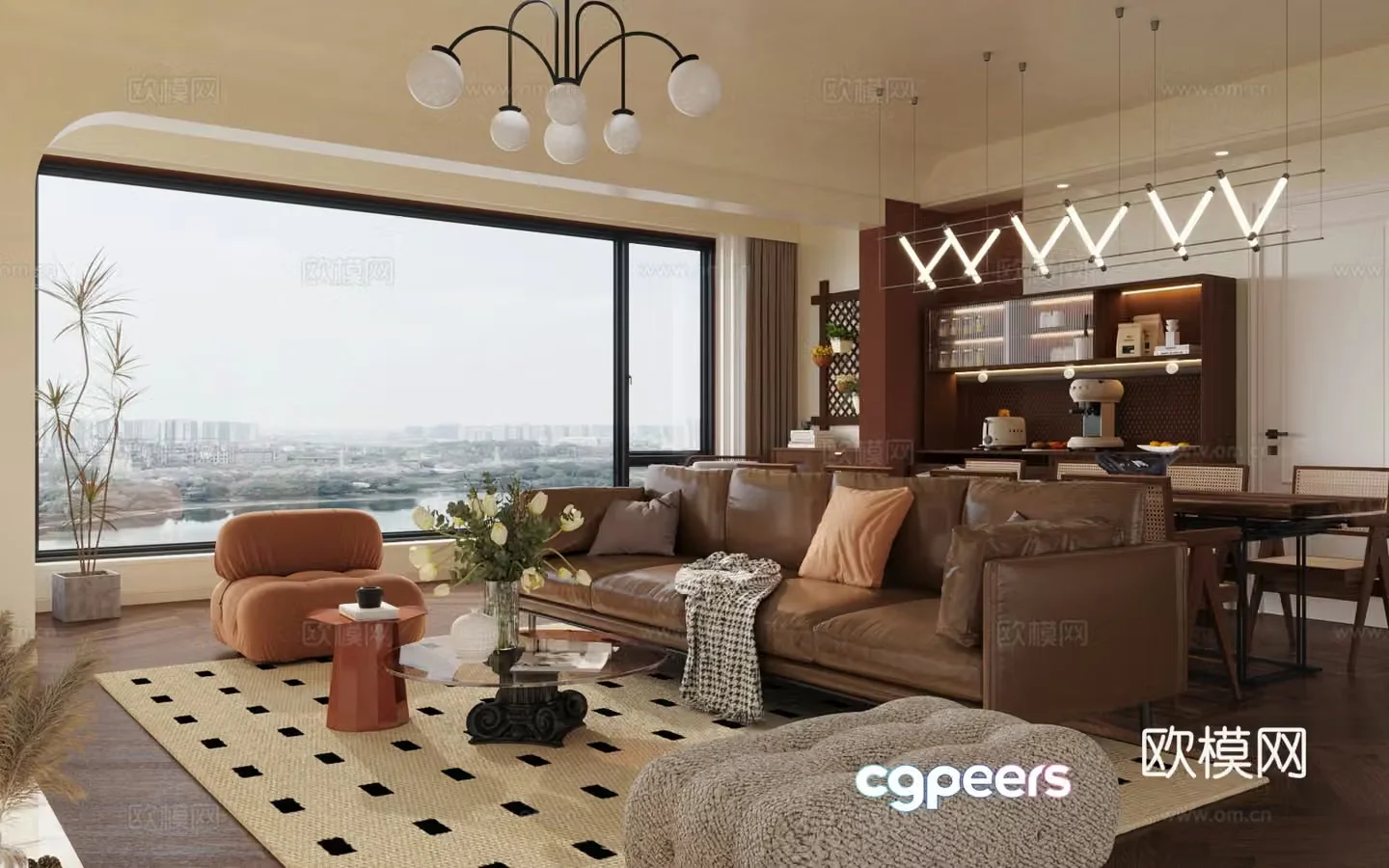 Middle style living room large flat floor living room sofa and coffee table combination middle style dining table and chair 3D model