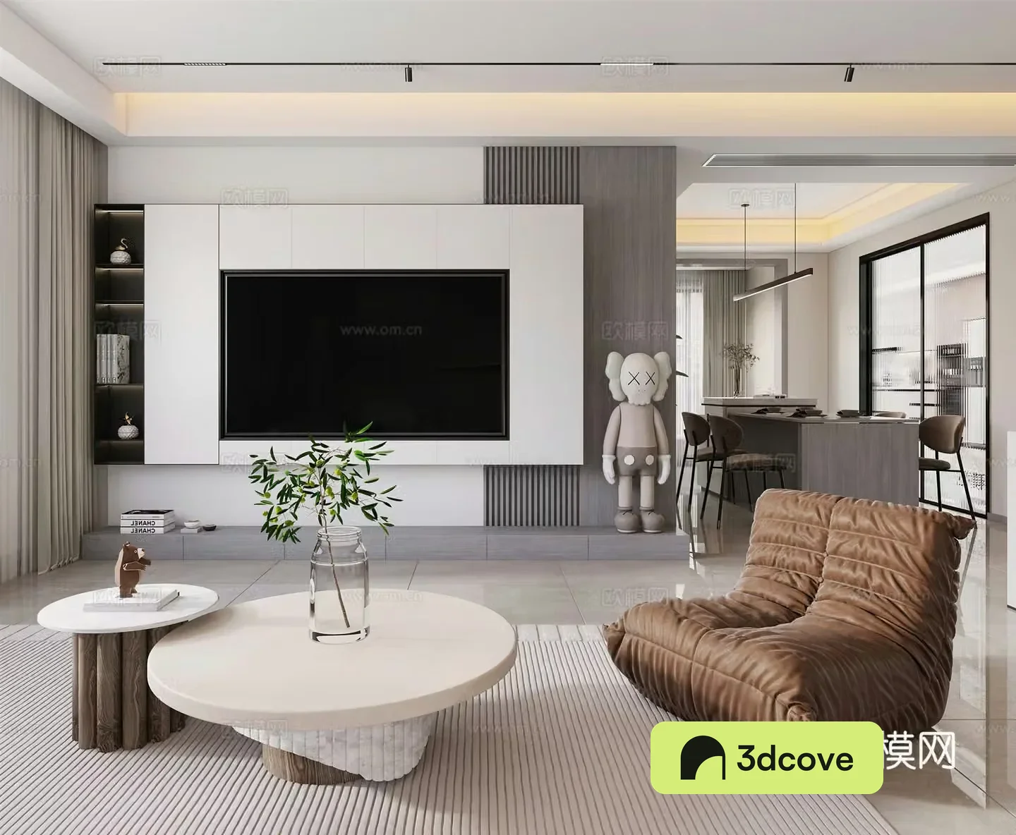 Modern living room and dining room TV background wall leisure chair side table corner island modern living room