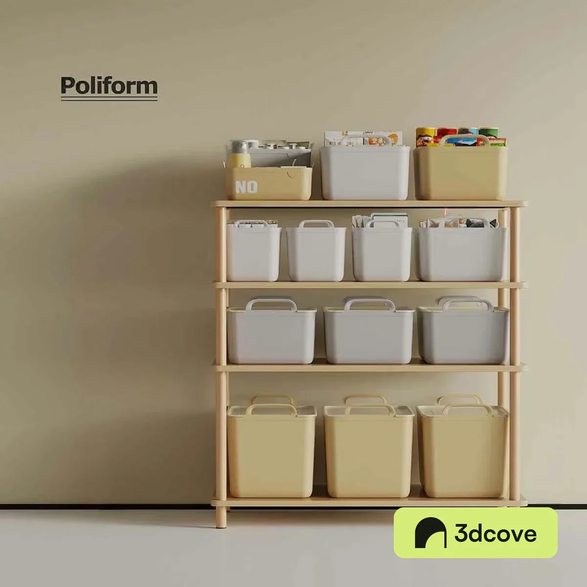 A Storage Shelf With Plastic Containers
