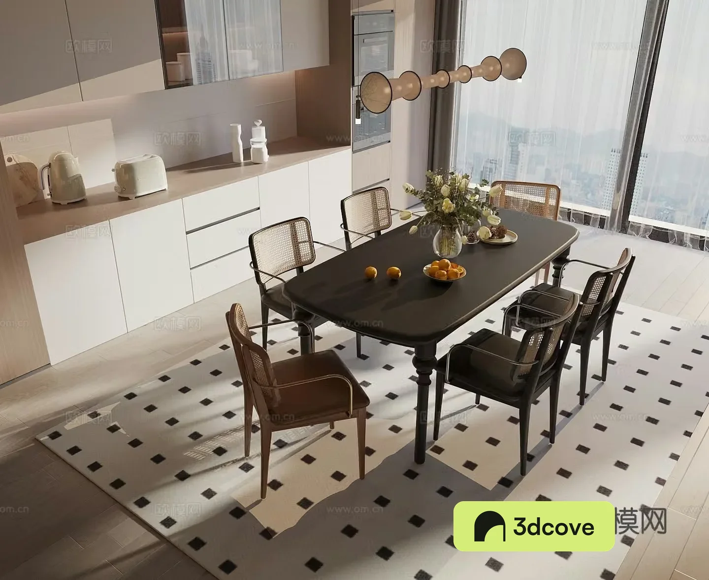 Middle Ages of Wasabi Style Dining Table and Chair Dining Table and Chair Combination Art Chandelier Wine Cabinet Side Cabinet 3D Model