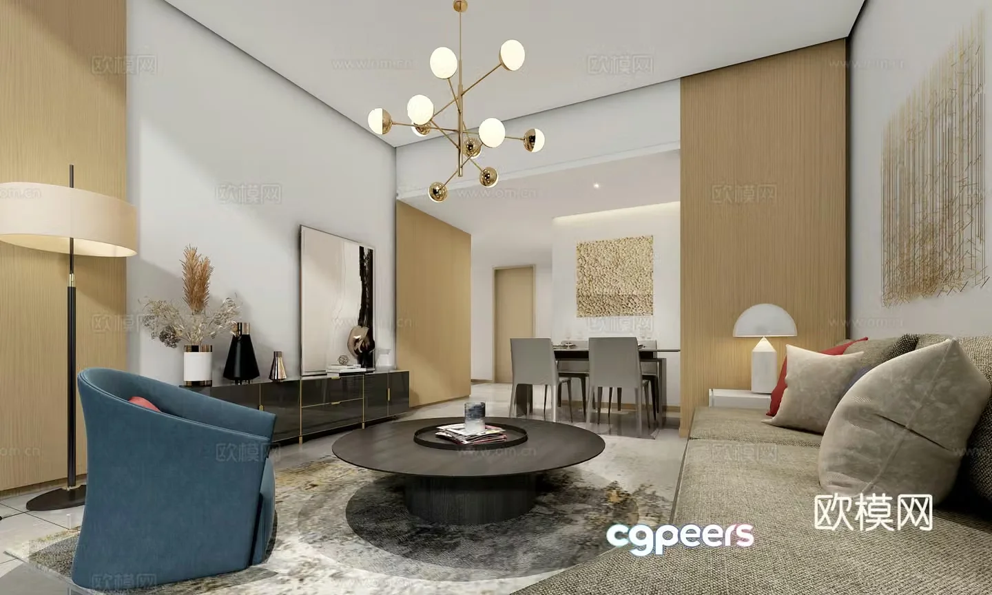 Modern small apartment living and dining room 3D model