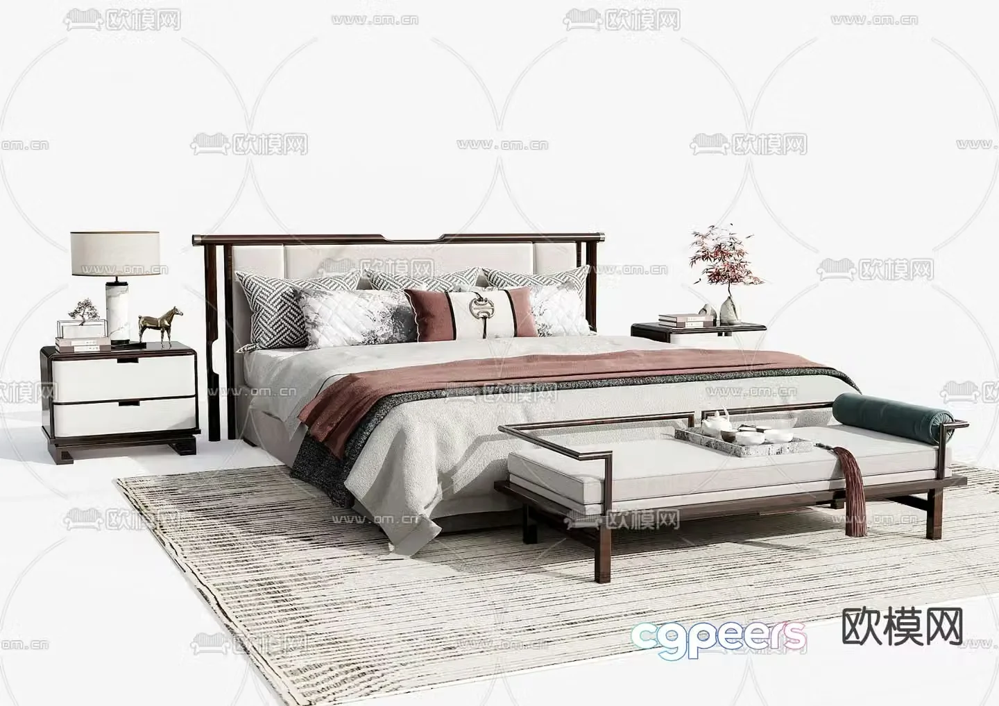 New Chinese style double bed 3d model