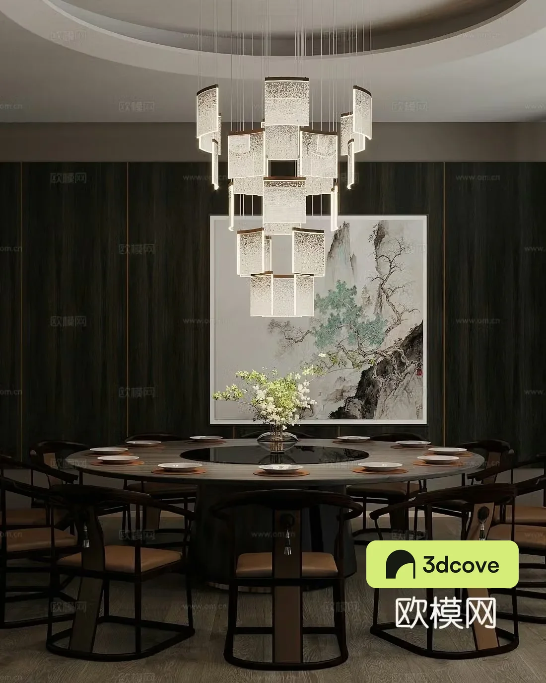 New Chinese-style private room Restaurant private room Dining table and chair combination Chandelier Decorative painting