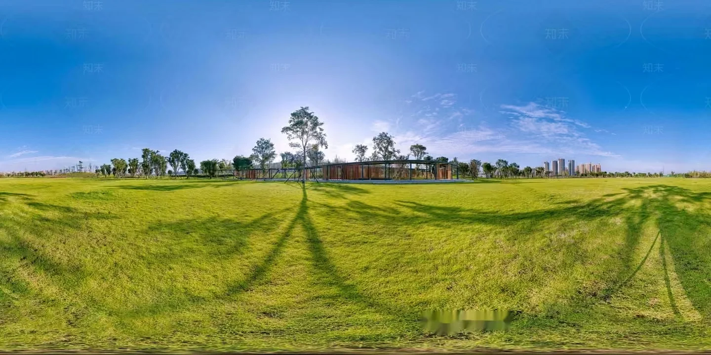 A Grassy Field With Trees And A Building In The Background 3D Model – 18348 – VRAY Render